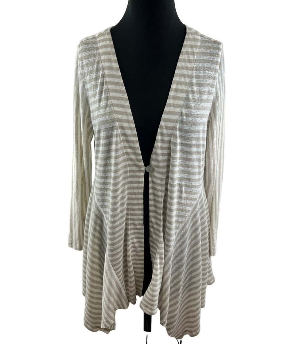 Soft Surroundings Womens Cascadia Linen Cardigan Striped Sweater Tan White Sz S